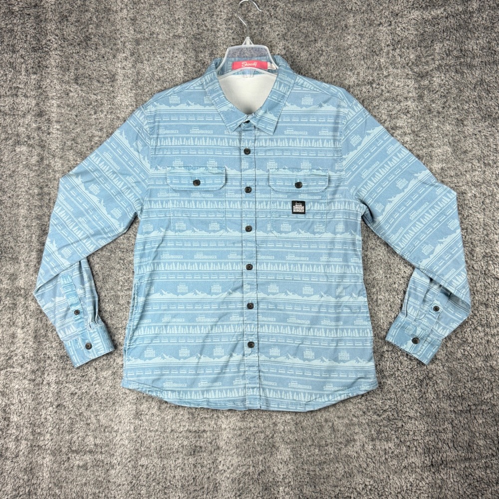Shinesty Smashburger Men's Large Blue Mountain Print Button Down Shirt Stretch